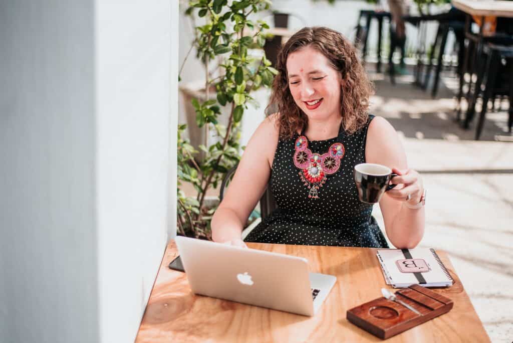 Bianca bootstrapping a book fuelled by coffee. 