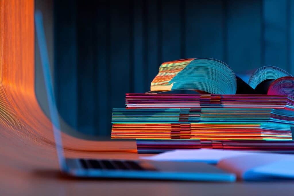 Brightly coloured image of books and papers on a desk. AI image created by Dan Frydman