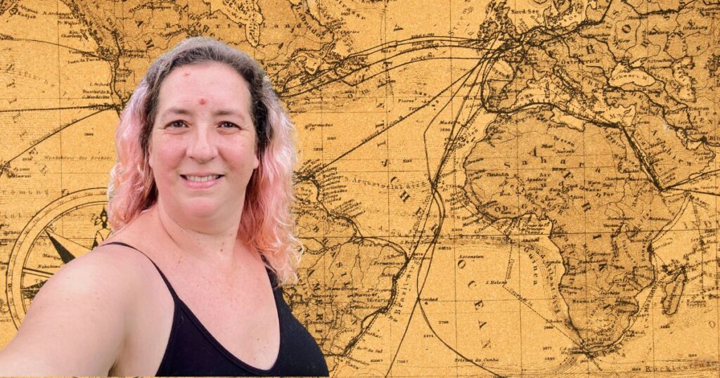 Bianca Johnson smiling, with a map of all the places of the Toolkit I Didn't Know I Was Building